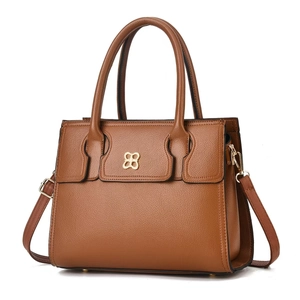 Brown lychee-textured leather handbag with gold butterfly accent and versatile strap