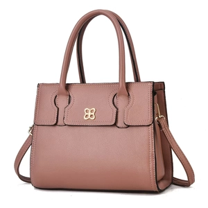 Elegant dusty pink pebbled leather handbag with gold butterfly logo and crossbody strap