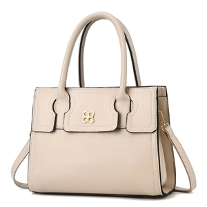 Elegant off-white faux leather handbag with golden bow logo and detachable shoulder strap