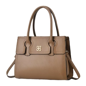 Brown lychee leather handbag with golden butterfly clasp and dual handles in main view