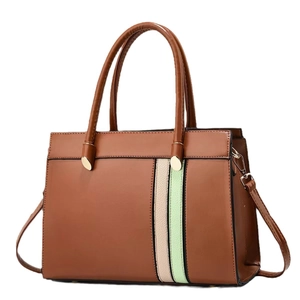 Fashionable caramel brown tote bag with beige and green stripes for women stylish handbag