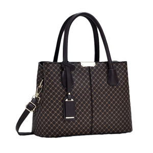 Classic dark brown checkered tote bag with golden hardware and adjustable shoulder strap