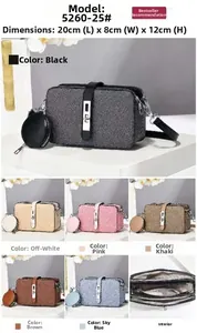 Detailed view of woven crossbody bag dimensions and internal structure in six colors