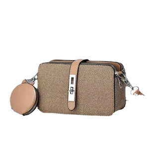 Chic brown woven shoulder bag with a round coin purse set on a white background
