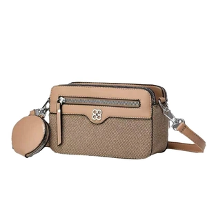 Khaki multi-layer crossbody bag with leather patchwork and floral metal logo