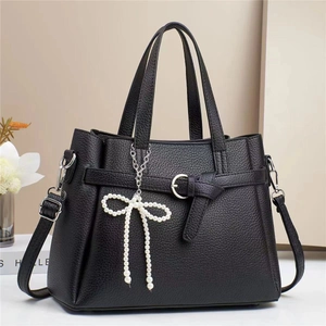 Women Handbag Litchi Grain PU Leather Shoulder Crossbody Bag With Artificial Pearl Bow Pendant Buckle Decor Elegant Urban