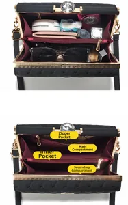 Internal structure of black quilted bag showing multi-layer compartments and red lining