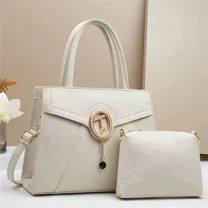Chic beige lychee leather handbag set with adjustable strap and golden round hardware