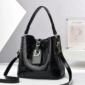 Women Patent PU Leather Bucket Bag Crocodile Pattern Golden Metal Charm Top Handle Shoulder Crossbody Handbag Retro