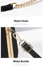 Detail of high-quality gold metal chain and detachable buckle on black leather handbag
