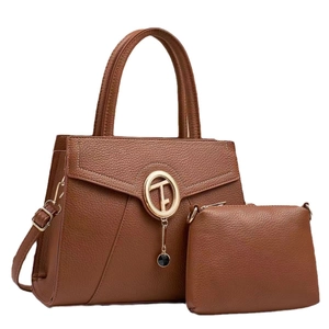 Two-piece set of brown lychee grain leather tote bag and clutch with gold logo