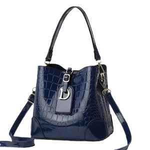 Dark blue crocodile pattern tote bag in glossy patent leather with metal D-buckle detail