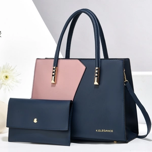 Stylish navy blue and pink patchwork tote bag set with matching wallet and gold hardware