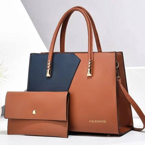 Two-piece color block faux leather handbag set with shoulder strap and long wallet