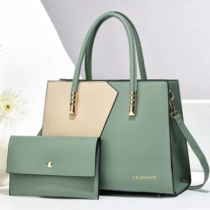 Two-piece green and beige contrast handbag set with trapezoid tote and matching wallet