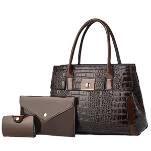 Braunes Handtaschen-Set in Krokodilleder-Optik mit Shopper, Clutch und Geldbörse