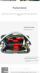 Détails de l'intérieur d'un sac à main vert montrant plusieurs poches et compartiments