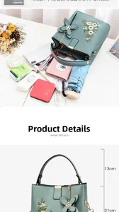 Guide des tailles du sac seau brodé vert avec dimensions et capacité interne
