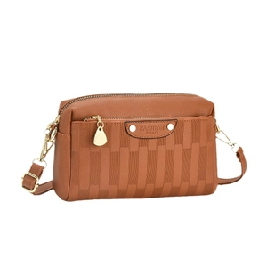 Brown macaron plaid crossbody bag with double zipper and adjustable shoulder strap
