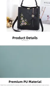 Gros plan sur la broderie florale du sac en cuir PU noir avec finitions en métal doré