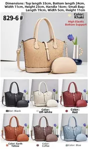 Vista dettagliata del set borsa tote patchwork intrecciata in sette colori con misure