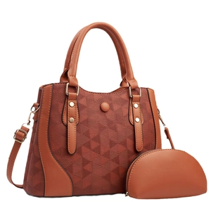 Brown leather tote bag set with geometric lattice pattern and matching small pouch