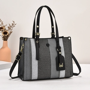 Women Striped Canvas And PU Leather Tote Bag Large Capacity Crossbody Handbag Elegant Colorblock Shoulder Bag
