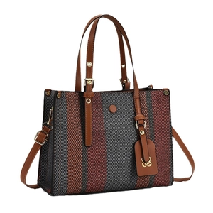 Three-color striped canvas tote bag with leather straps and gold hardware details