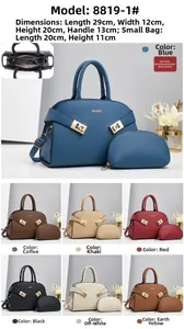 Detailansicht der genarbten Leder-Kombi-Tasche mit Maßen und Metallbeschlägen im Set
