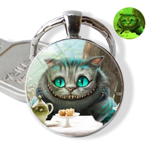 Luminous Cheshire Cat glass dome keychain Alice in Wonderland pendant with silver ring