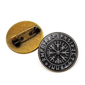 Vintage Nordic Viking Compass Brooch Round Alloy Glass Cabochon Pin Rune Symbol Mythology Jewelry For Men Women
