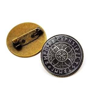 Nordic Viking compass brooch pins in bronze finish with rune circle design and pin back