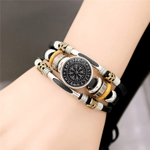 Viking compass leather bracelet with braided strands and vintage alloy accents for men