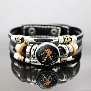 Bracelet multicouche en cuir fait main avec dôme en verre lumineux signe Verseau