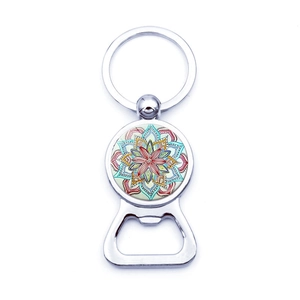 Portachiavi apribottiglie con fiori mandala e gemma di vetro e anello in argento lucido