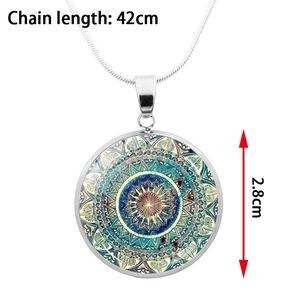 Yoga Mandala pendant necklace with 2.8cm round pattern and 42cm silver snake chain
