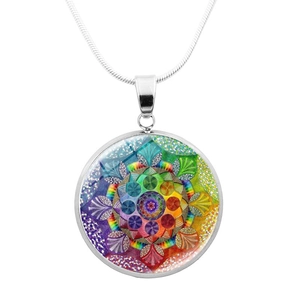 Mandala art pendant necklace with colorful glass cabochon on a silver snake chain