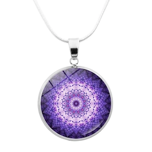 Detailed shot of round mandala flower pendant with purple geometry on silver snake chain