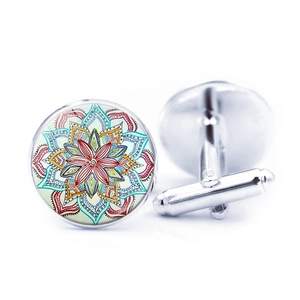 Polished silver cufflinks featuring colorful Mandala glass dome patterns for men's shirts