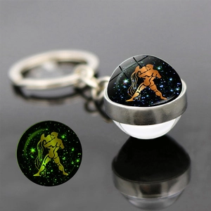 Luminous 12 Constellations Double Sided Glass Ball Keychain For Women Men Galaxy Starry Sky Zinc Alloy Zodiac Keychain Pendant Gift