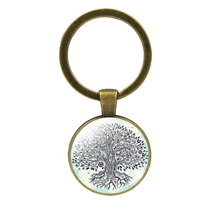Détail du porte-clés Arbre de Vie en bronze avec aquarelle bleue et dôme en verre