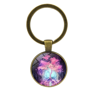 Porte-clés Arbre de Vie vintage en bronze avec arbre lumineux et dôme en verre forêt mauve