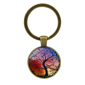 Porte-clés Arbre de Vie vintage en alliage de bronze avec pendentif en verre coloré