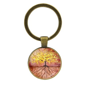 Détail du porte-clés Arbre de Vie rétro en bronze avec dôme en verre et pendentif rond