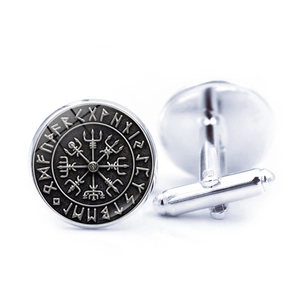 Boutons de manchette boussole Viking argentée avec alphabet runique pour chemise