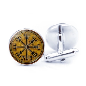 Boutons de manchette boussole viking en argent avec dôme en verre pour chemise d'homme