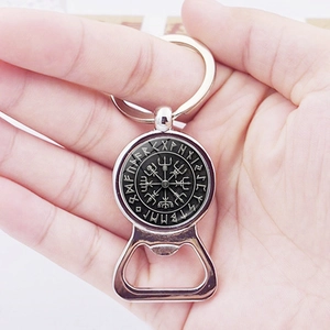 Porte-clés décapsuleur boussole Viking Vegvisir en métal argenté avec runes nordiques