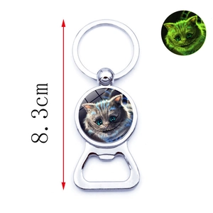 Luminous Alice in Wonderland bottle opener keychain with glow in the dark Cheshire Cat art