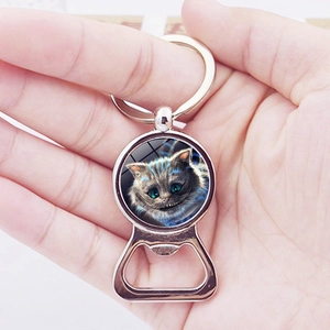 Luminous Alice in Wonderland Cheshire Cat keychain bottle opener with silver metal finish