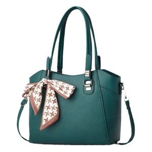 Dark green pebble leather tote bag with hounds-tooth scarf decoration and silver hardware